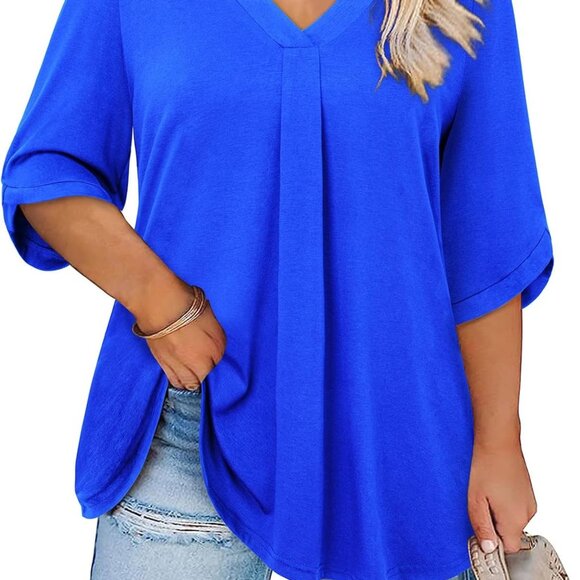 Plus Size Tops for Women 3/4 Sleeve Shirts V Neck Blouses Tunic Top Spring Summe - Picture 1 of 6